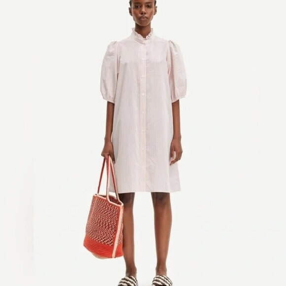 NWT Samsoe Samsøe Suzia Puff Sleeve Knee Length Shirt Dress Striped XL - Picture 1 of 11